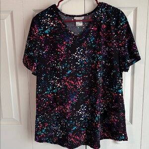 Scrubstar Black Top with Pink, turquoise,white, purple and blue dots